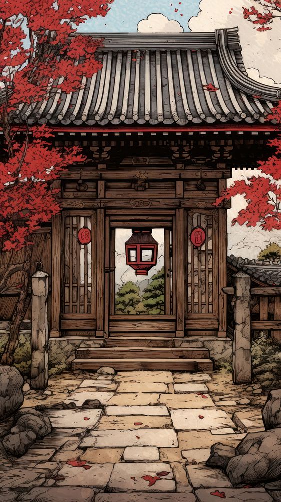 Japanese wood block print illustration of shrine architecture building outdoors.