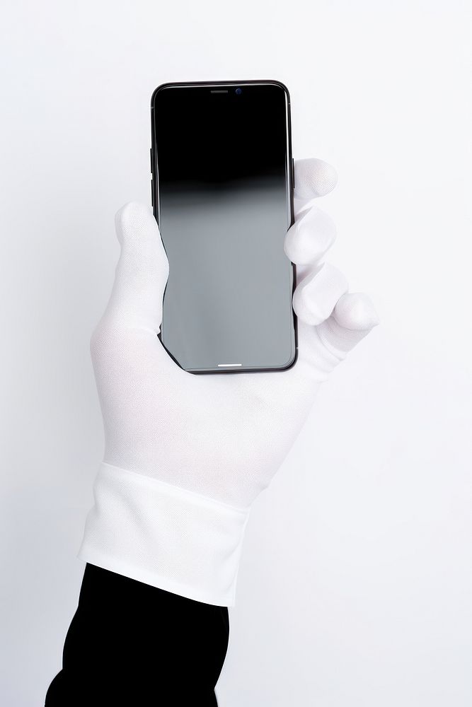Hand wear plastic glove holding mobile phone screen photographing electronics.