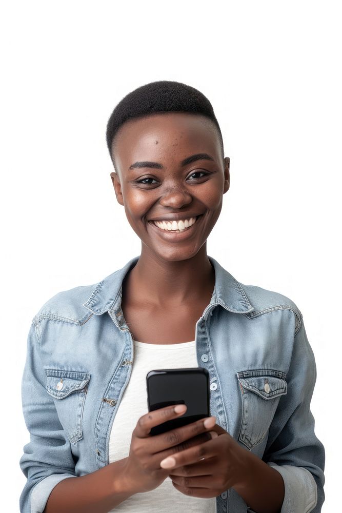 African woman with short haircut holding cellphone portrait smiling smile.