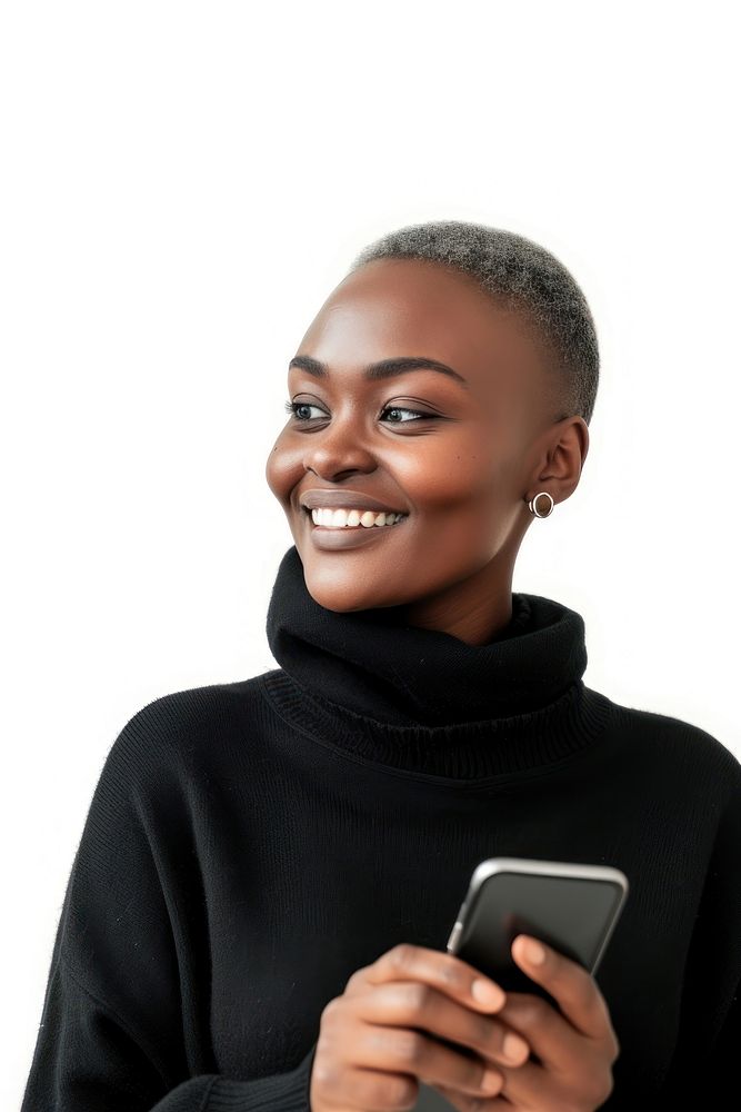 African woman with short haircut holding cellphone portrait sweater smiling.