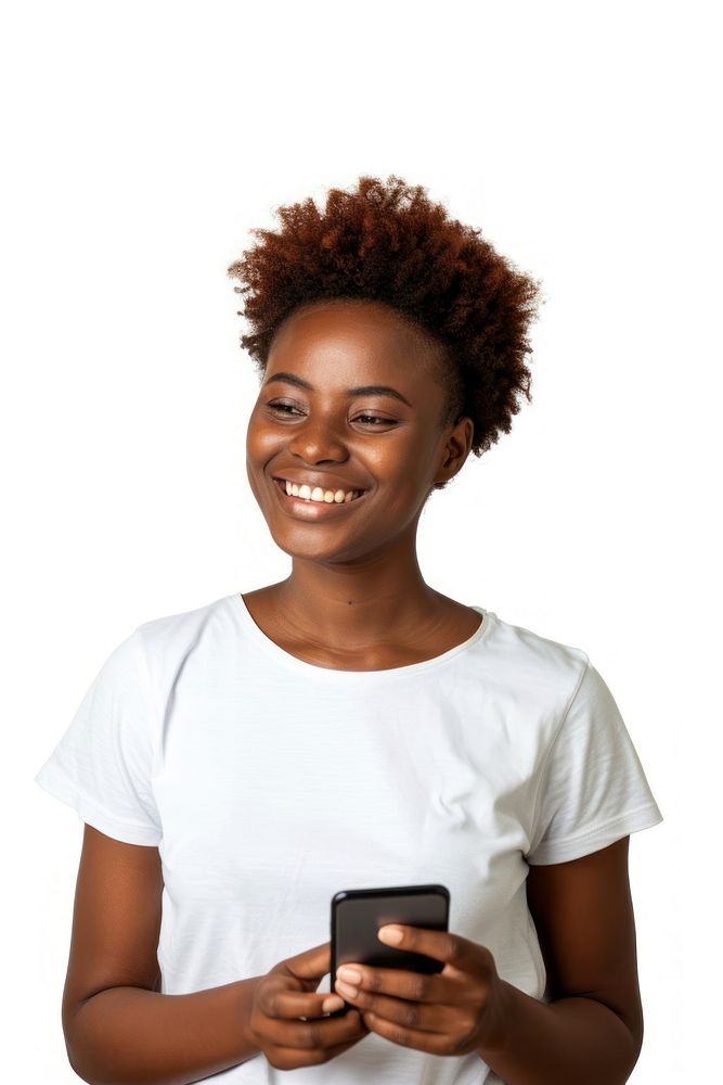 African woman with short haircut holding cellphone portrait t-shirt smiling.
