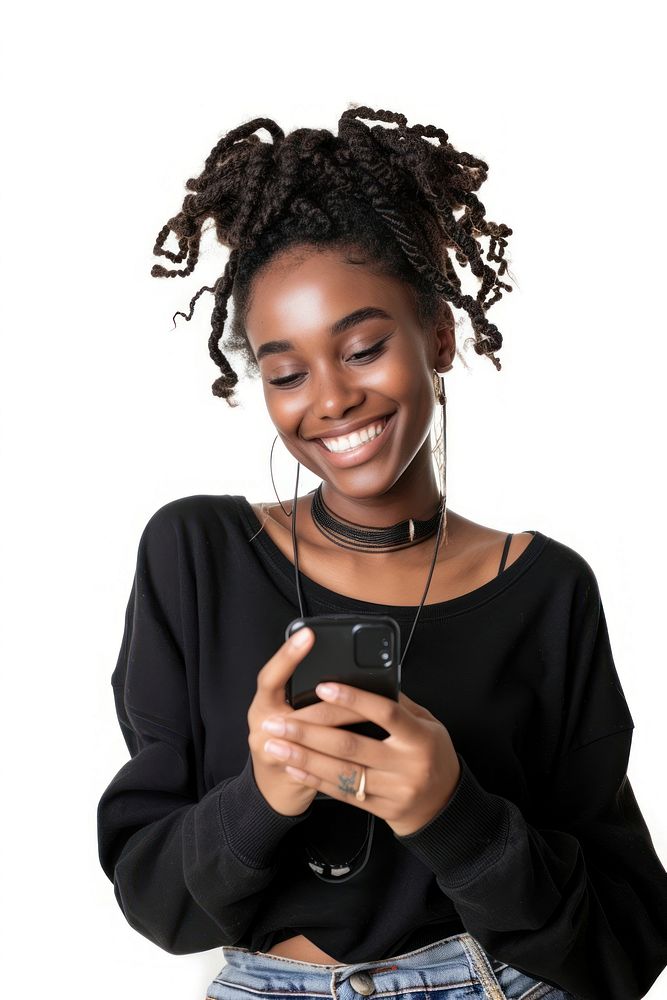 African woman holding cellphone portrait smiling smile.
