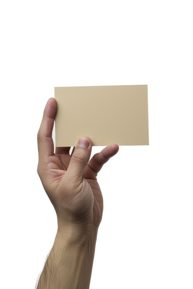 Open the palm of the hand hold beige flat card finger paper white background.