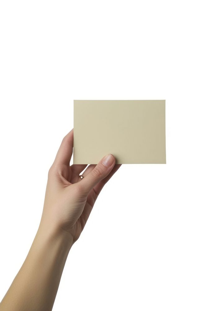Open hand hold beige flat card paper white background simplicity.