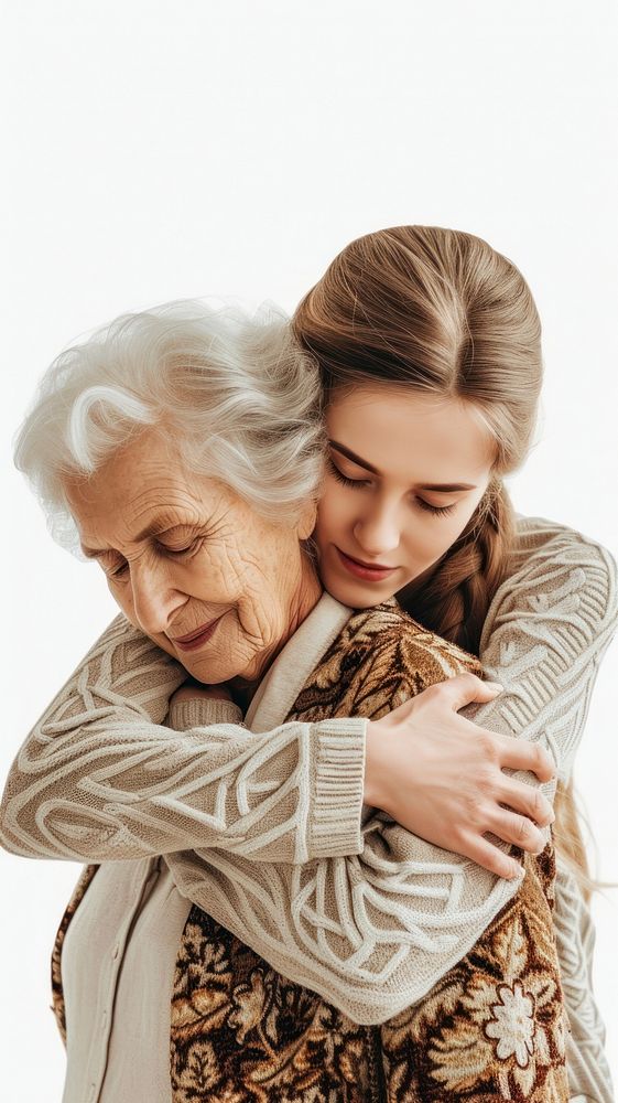 Daughter embrace old mother hugging adult white background.