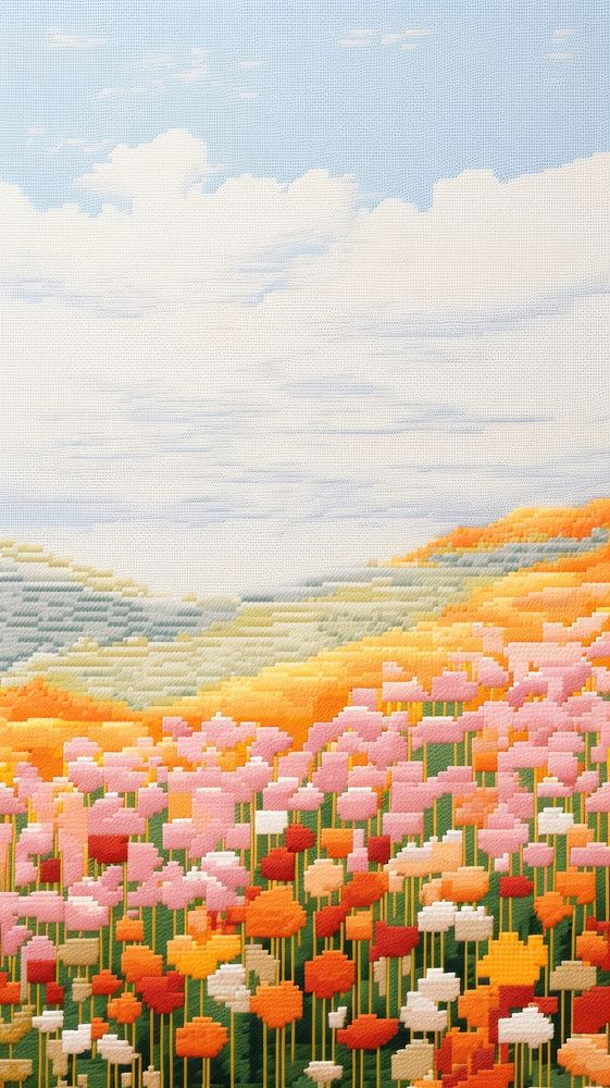 Cross stitch flower field landscape outdoors painting.