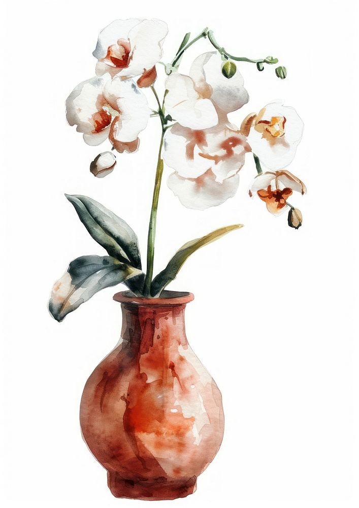 Vase flower watercolor orchid plant art.
