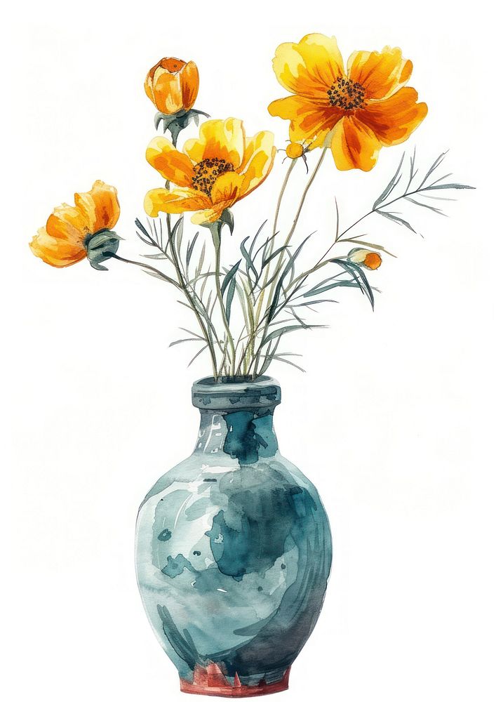 Vase flower watercolor art painting yellow.