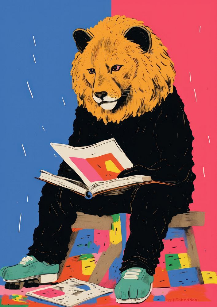 Lion reading book animal mammal art.