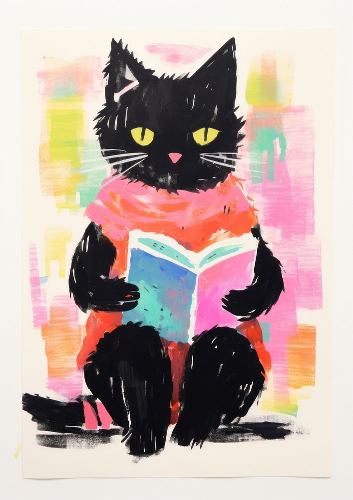 Cute cat reading book animal painting mammal.