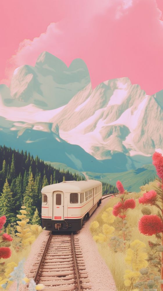 Aesthetic train craft collage landscape outdoors vehicle.