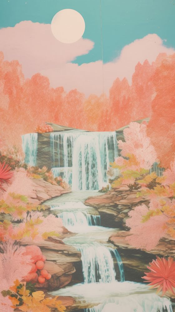 Autumn waterfall craft collage art painting outdoors.