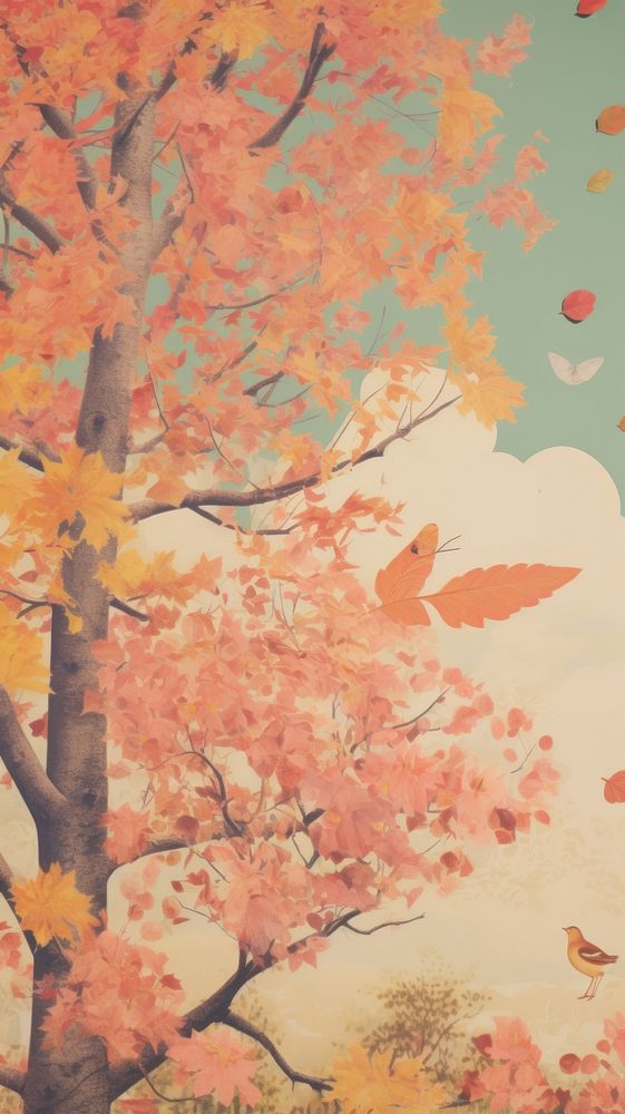 Autumn tree craft collage art wallpaper painting.
