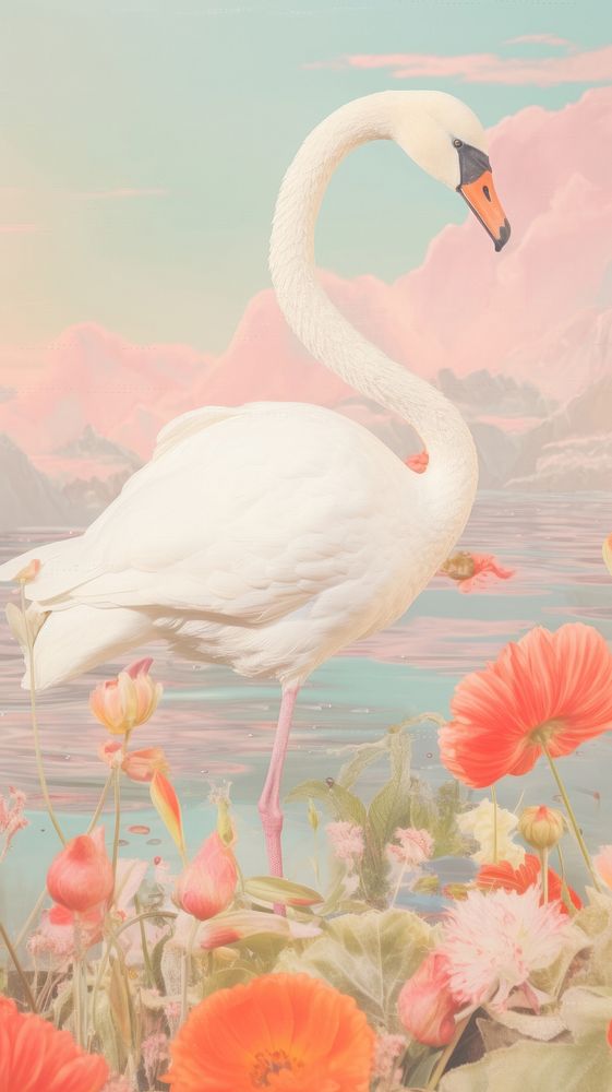 Beautiful swan craft collage painting animal flower.