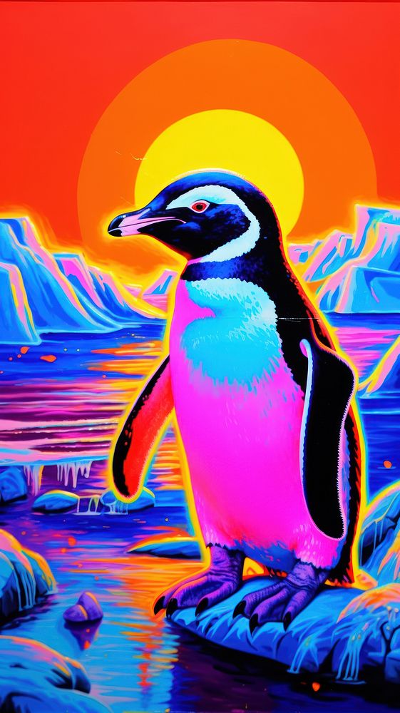 Black light oil painting of penguin animal bird blue.