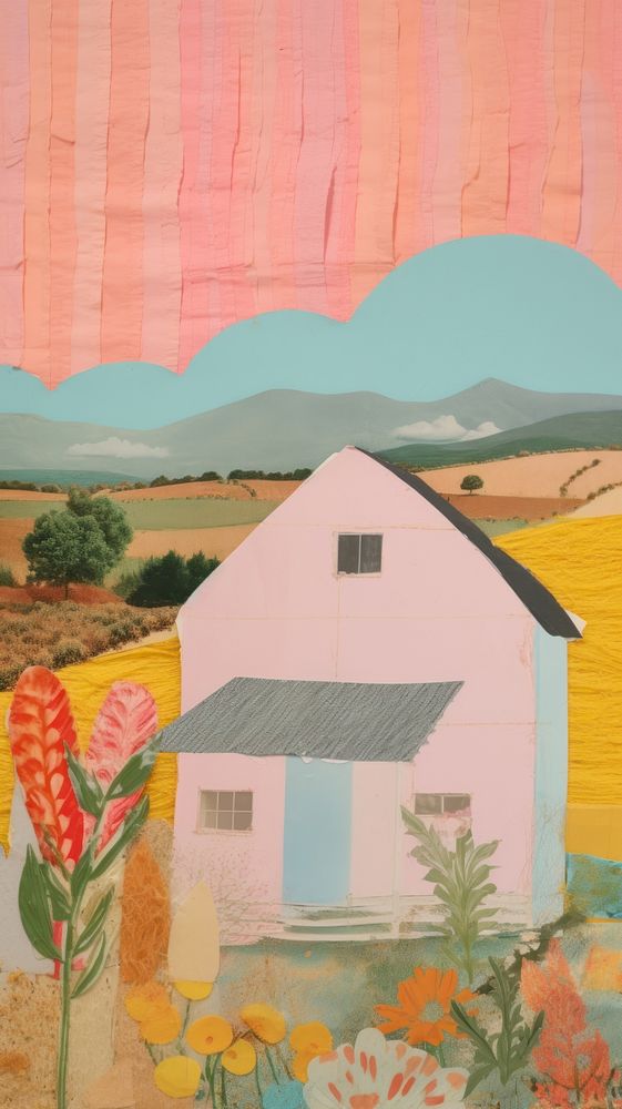 Countryside craft collage architecture building painting.