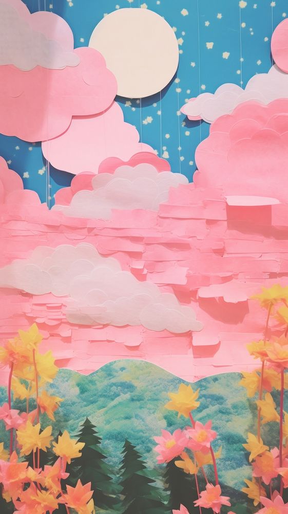 Clouds sunset craft collage art painting plant.