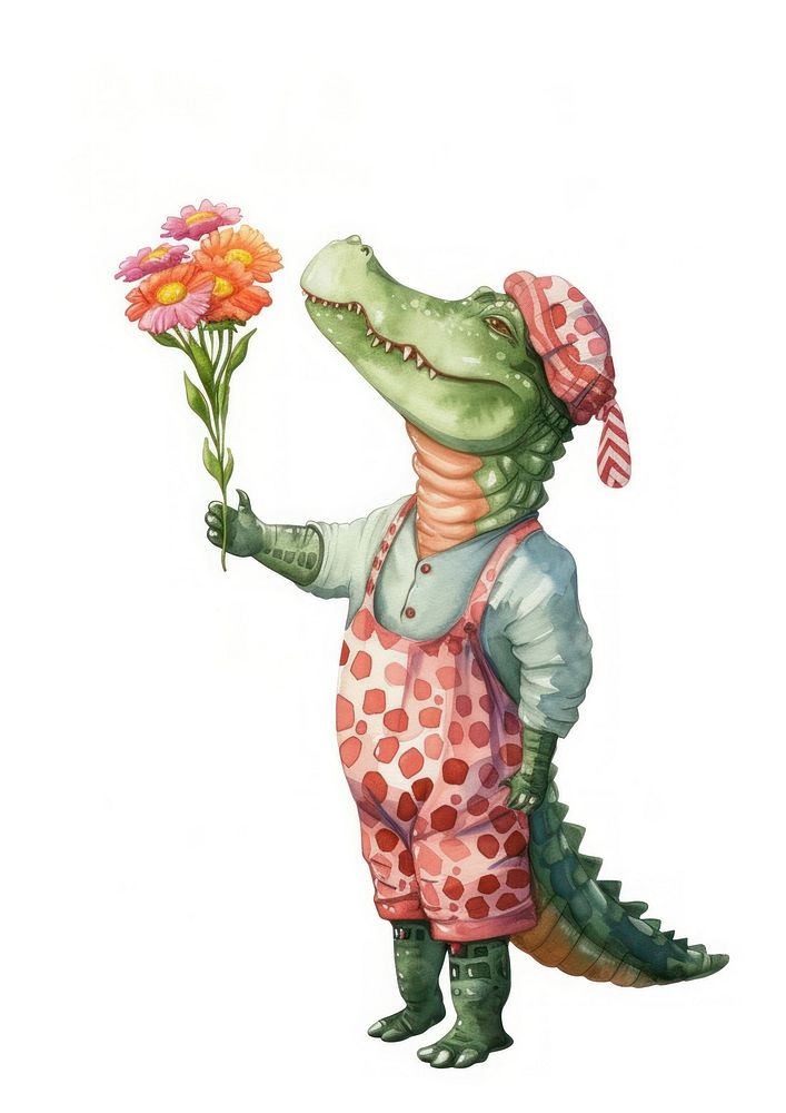 Crocodile watercolor holding flower art.