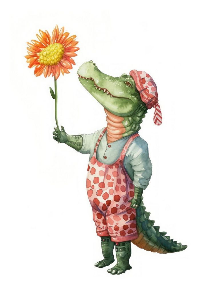 Crocodile watercolor holding flower representation.