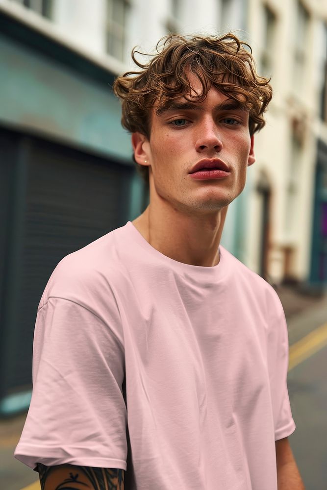 Blond man in pink t-shirt