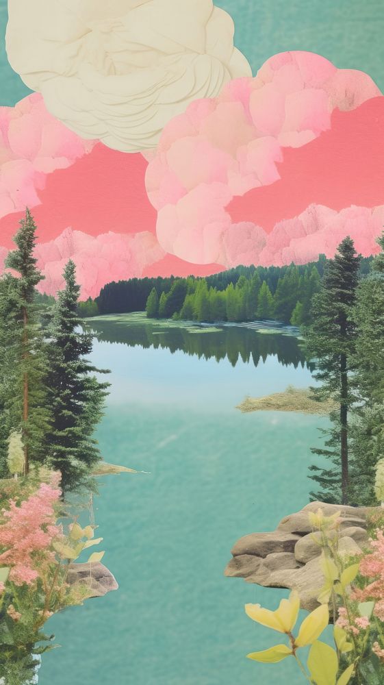 Lake craft collage landscape outdoors painting.