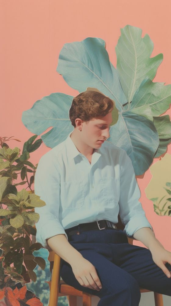 Man study craft collage portrait sitting plant.