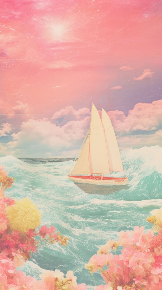 Pink sea craft collage art painting sailboat.