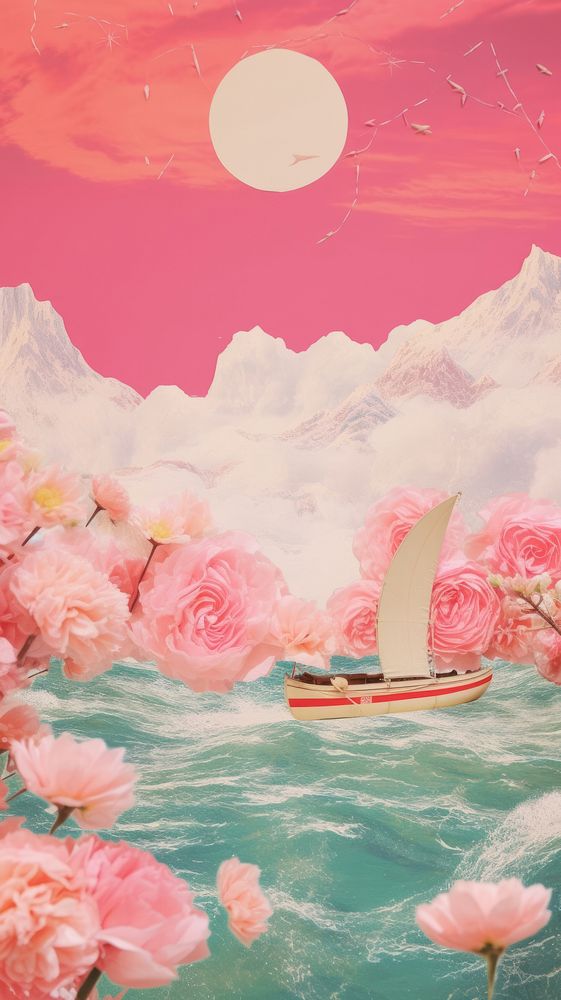 Pink sea craft collage art painting outdoors.