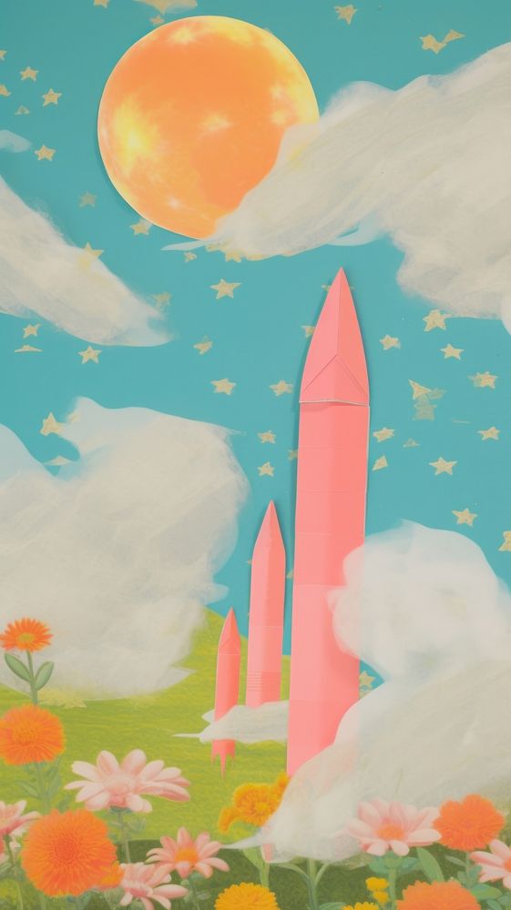 Rocket craft collage art painting outdoors.