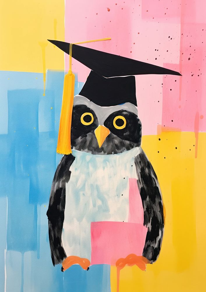 Happy owl student animal art graduation.