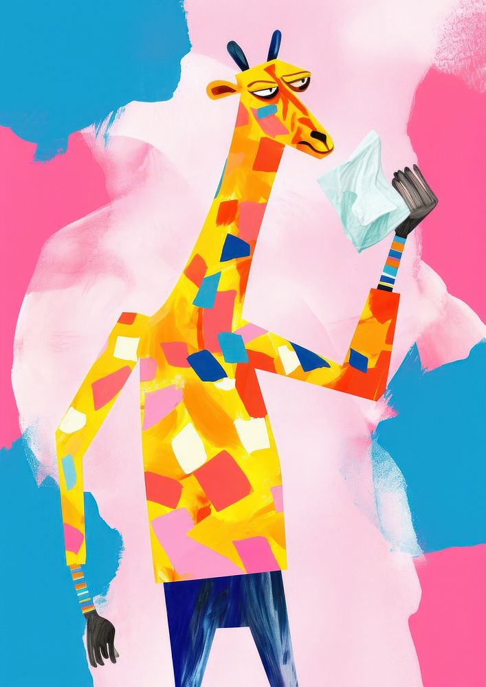 Giraffe holding gold trophy animal art painting.