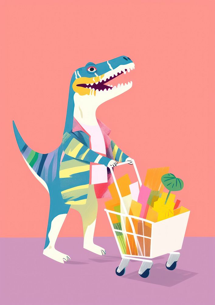 Happy dinosaur enjoy shopping animal representation groceries.