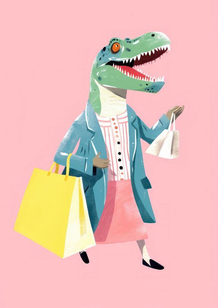 Happy dinosaur enjoy shopping animal bag representation.