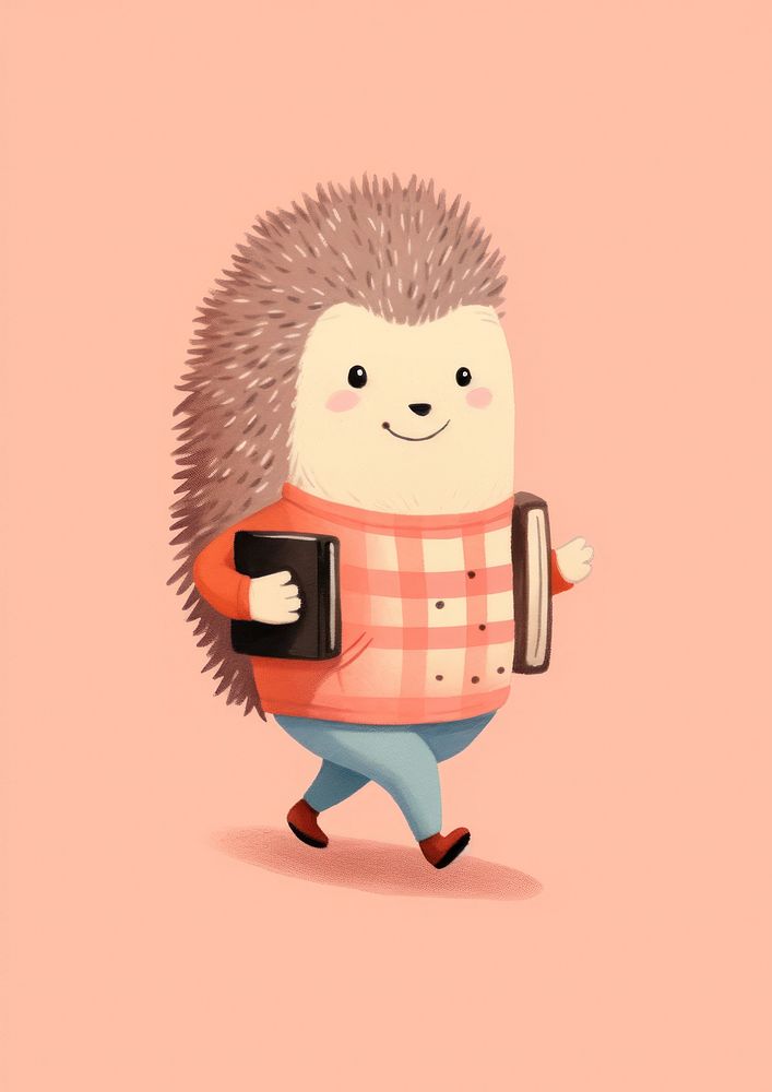 Hedgehog student holding cartoon mammal.