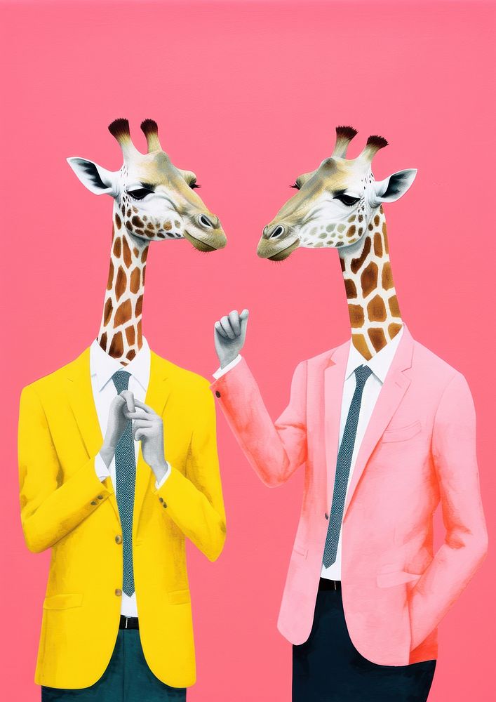 Two giraffe businessperson talking animal mammal representation.