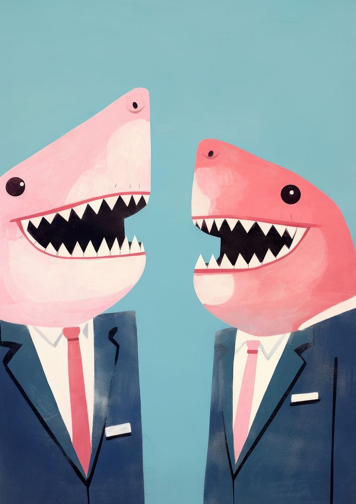 Two shark businessperson talking animal art fish.