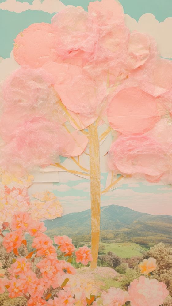 Spring tree craft collage art painting outdoors.