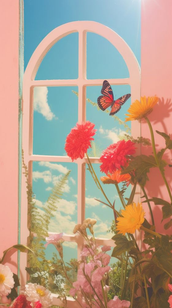 Surreal window craft collage butterfly flower architecture.