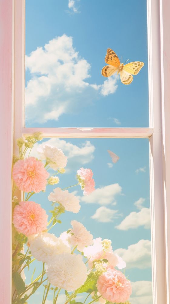 Surreal window craft collage flower butterfly nature.
