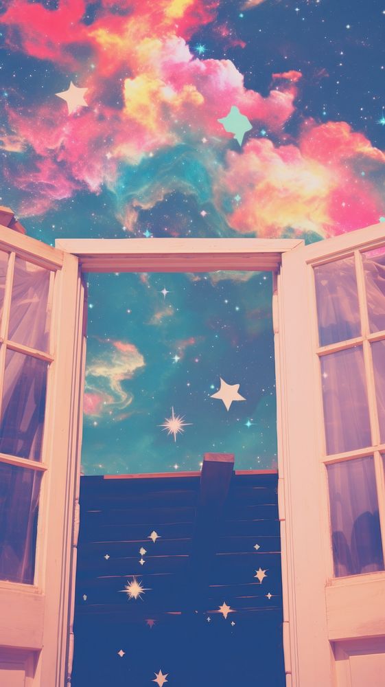 Surreal windows with galaxy craft collage nature space night.