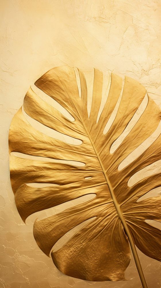 Real pressed gold monstera leaf backgrounds textured flower.