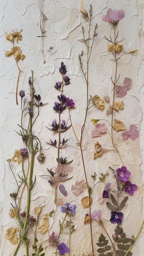 Real pressed summer flowers wall pattern purple.