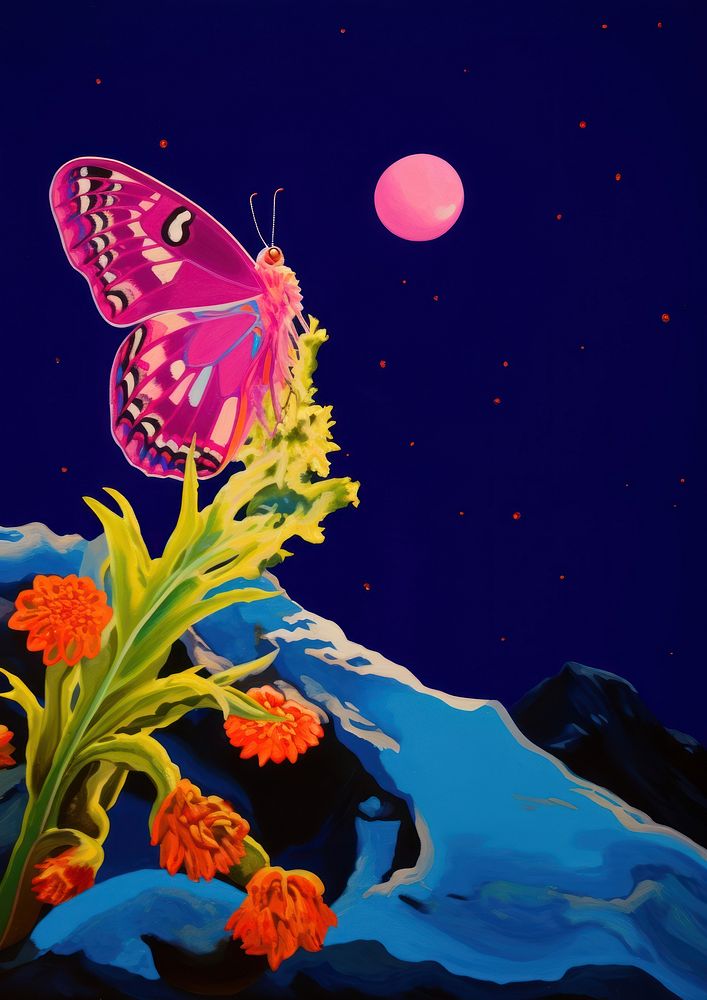 A butterfly fry to moon painting purple outdoors.