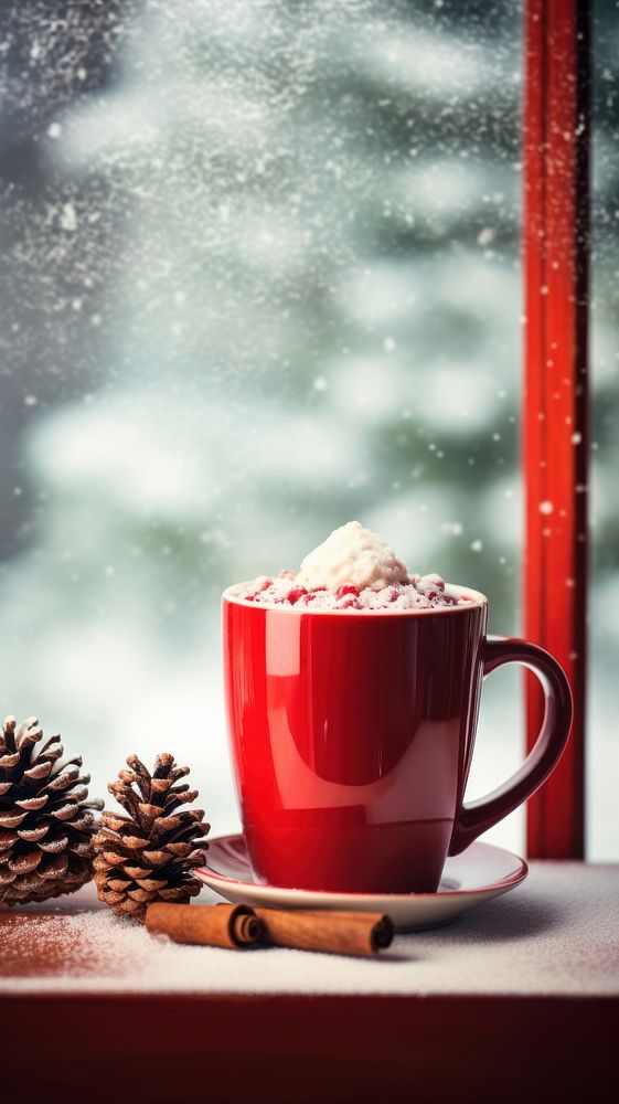 Cacoa in red mug window christmas drink.