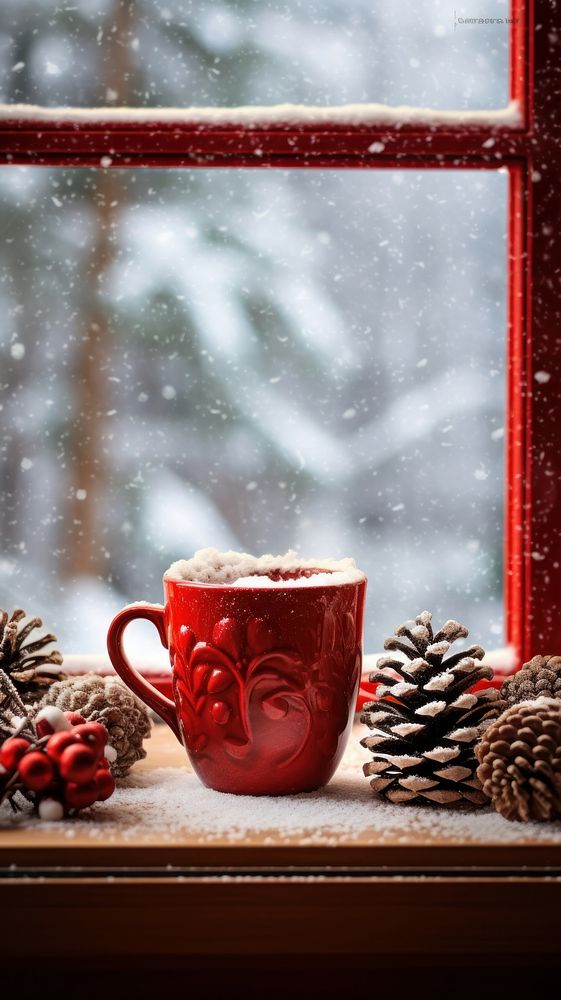 Cacoa in red mug window windowsill christmas.