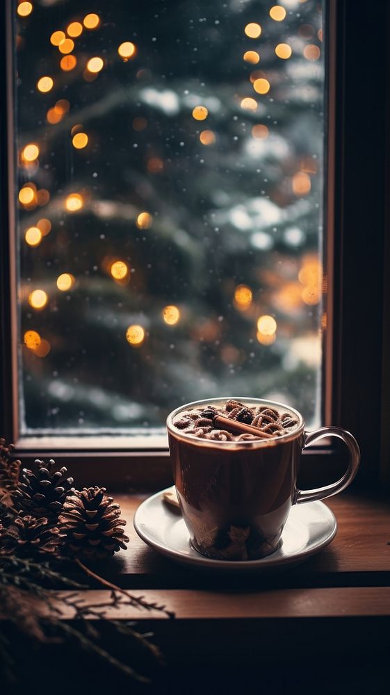 Cacoa in a mug window christmas coffee.
