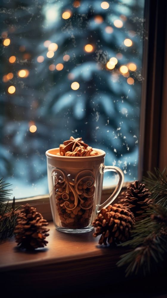 Cacoa in a mug window windowsill christmas.