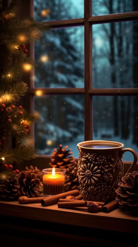 Cacoa in a mug christmas window windowsill.