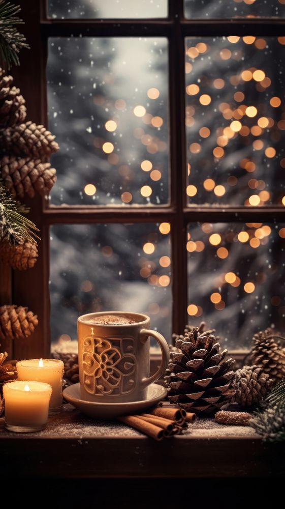 Cacoa in a mug window windowsill christmas.