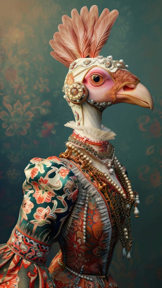Bird costumes wearing Odalisque surrealism wallpaper animal art portrait.